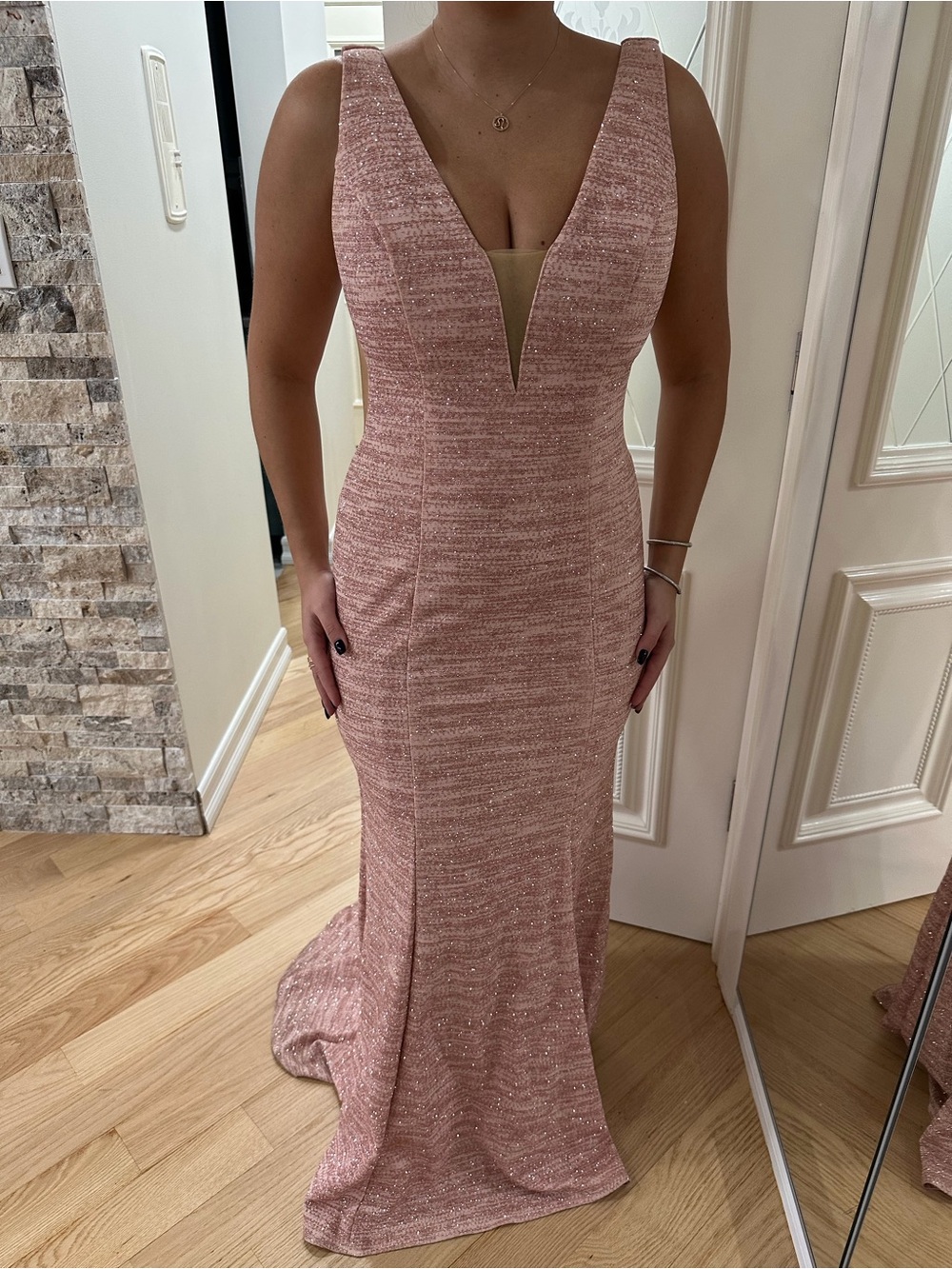 Jovani Blush Pink Deep V Prom Gown
